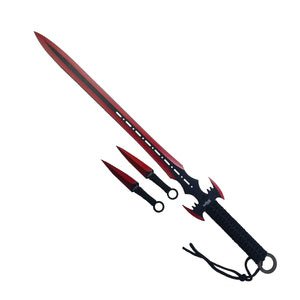 Tactical Master tactical machete set with throwing knives featuring red blades and black handles