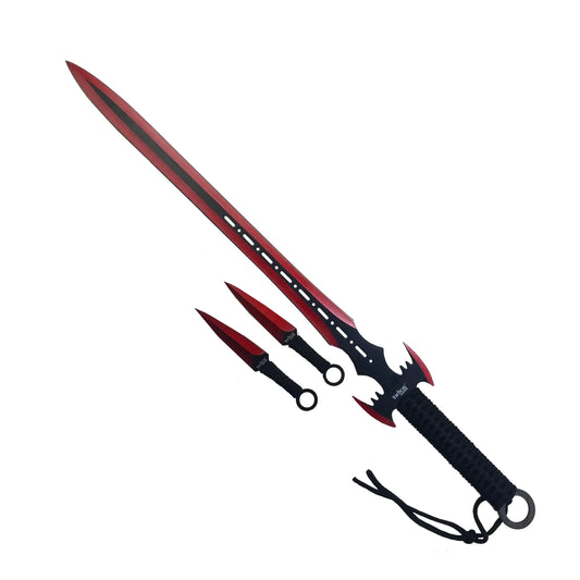 Tactical Master tactical machete set with throwing knives featuring red blades and black handles