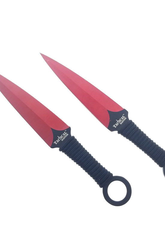 Tactical Master tactical machete set with throwing knives featuring red blades and black grip handles