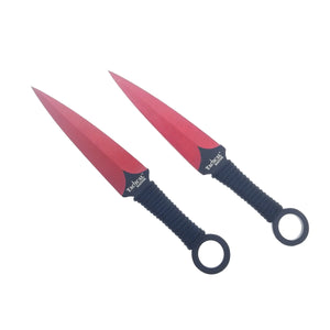Tactical Master tactical machete set with throwing knives featuring red blades and black grip handles