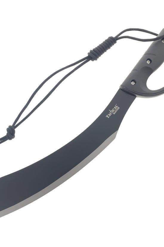 Tactical Master tactical machete with fire starter included featuring black curved blade and ergonomic handle