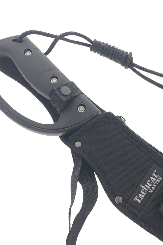 Tactical Master tactical machete with fire starter included featuring a black ergonomic handle and protective sheath