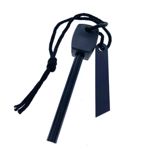 Tactical Master tactical machete with fire starter included showing black ferro rod and striker on cord