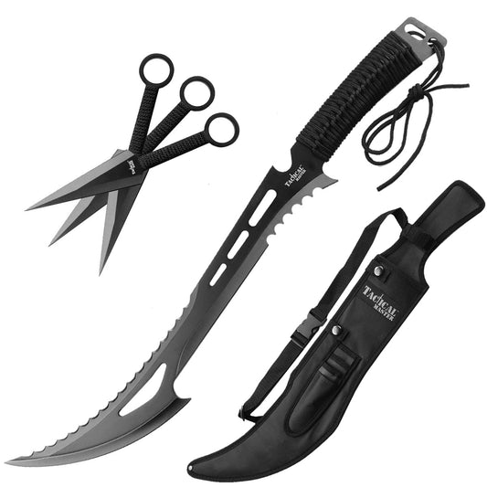 Tactical Master tactical machete with throwing knives featuring a serrated blade and nylon carrying sheath
