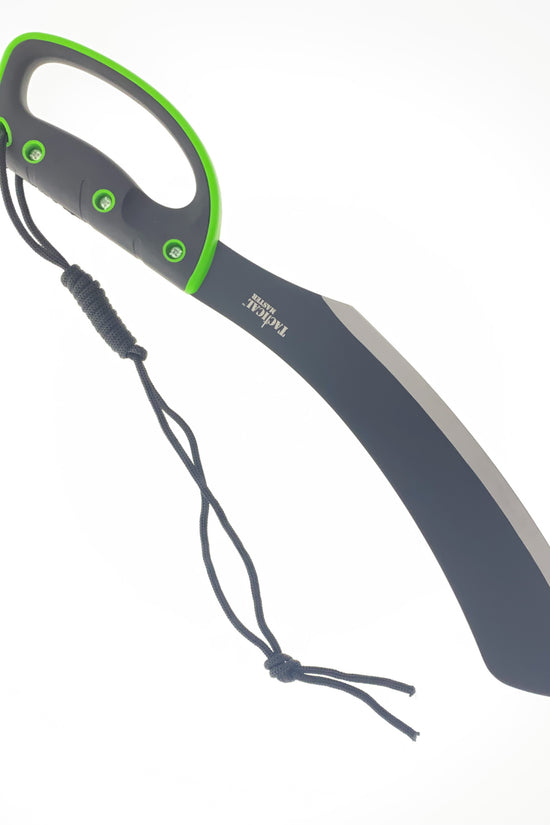 Tactical Master machete with green and black handle and curved blade, best machete for camping and survival