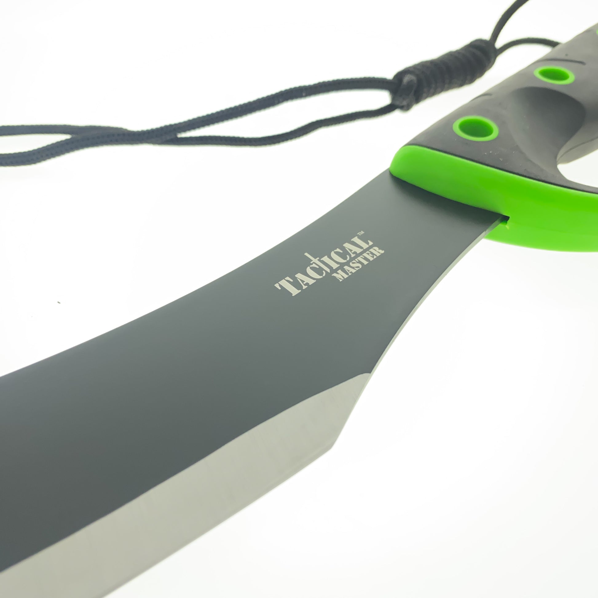 Tactical Master machete with black and silver blade and green handle, the best machete for camping and survival