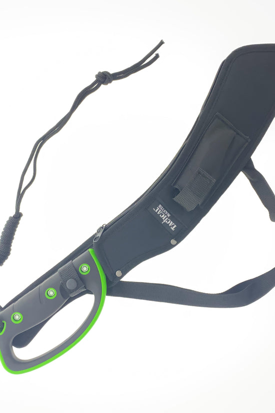 Tactical Master machete with black sheath and green handle designed as the best machete for camping and survival