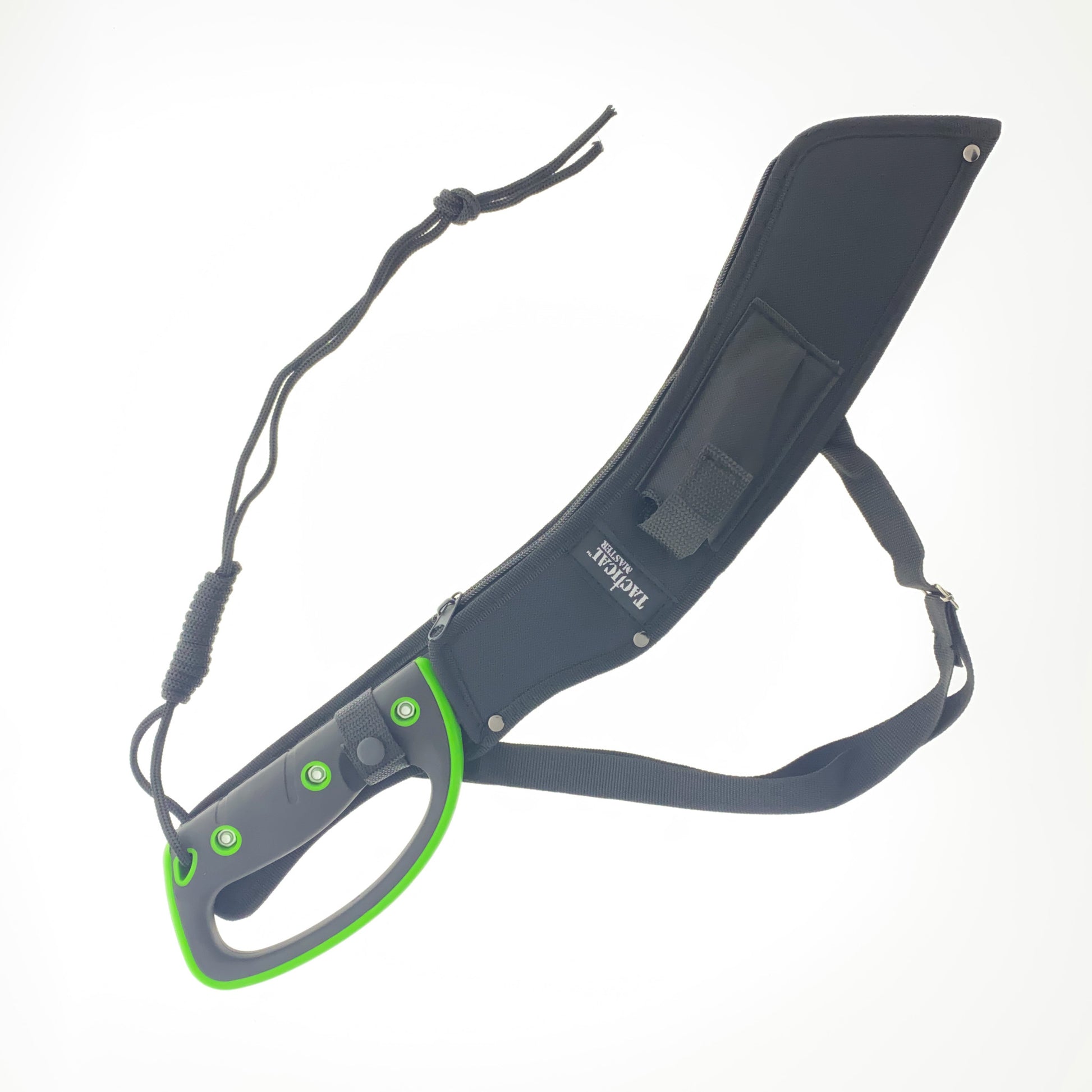 Tactical Master machete with black sheath and green handle designed as the best machete for camping and survival