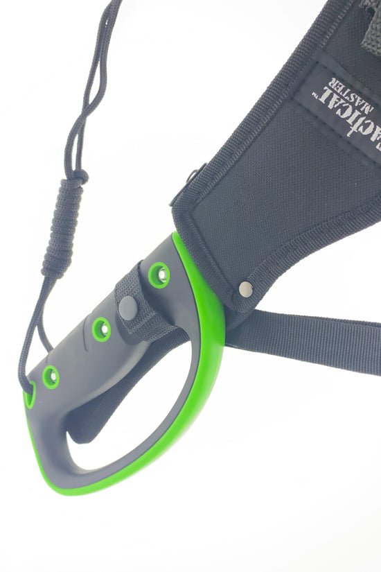 Tactical Master machete handle with green accents and black sheath best machete for camping and survival