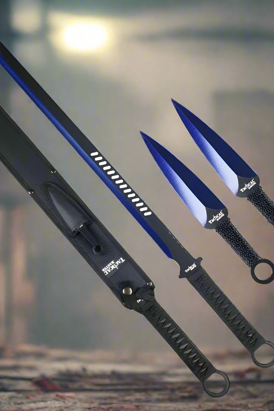 Tactical Master Blue Machete with 2 PCS Throwing Knives and Sheath for Outdoor Adventures
