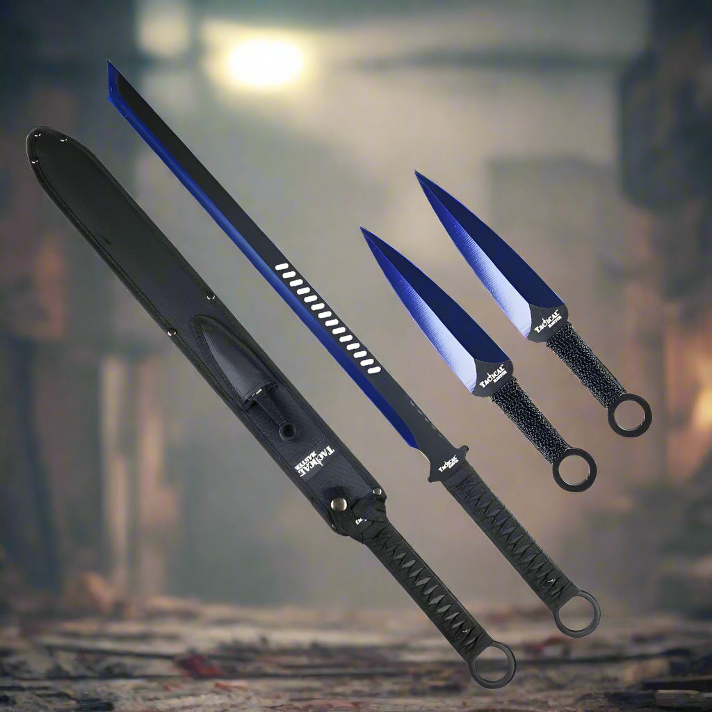 Tactical Master Blue Machete with 2 PCS Throwing Knives and Sheath for Outdoor Adventures