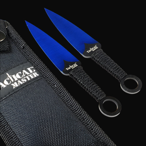 Tactical Master Blue Machete with 2 PCS Throwing Knives in a durable black carrying case