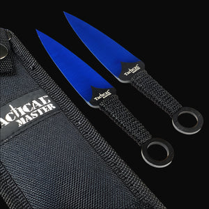 Tactical Master Blue Machete with 2 PCS Throwing Knives in a durable black carrying case