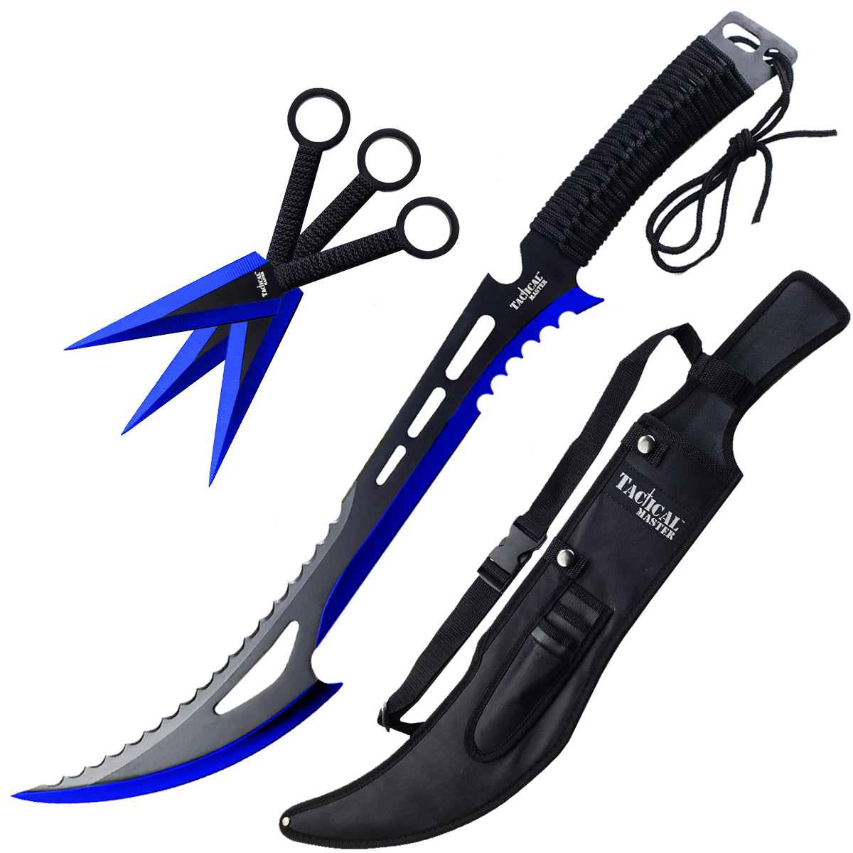 Tactical Master Blue Machete with 3 PCS 6" Throwing Knife and durable sheath for outdoor adventures