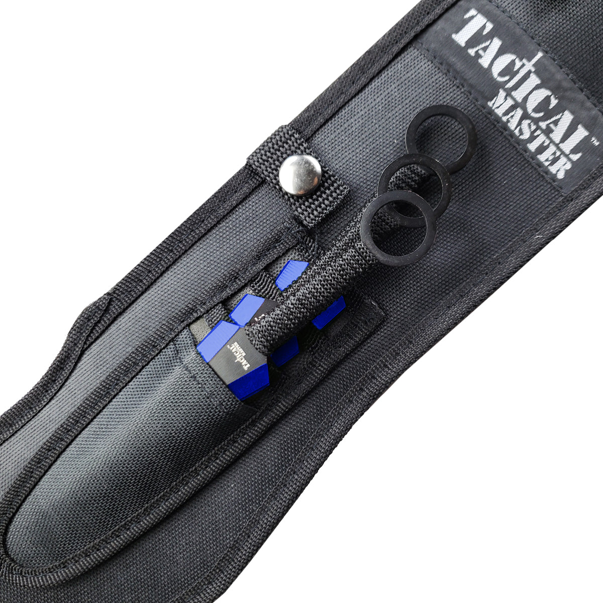 Tactical Master Blue Machete with 3 PCS 6" Throwing Knife in a durable sheath for outdoor use