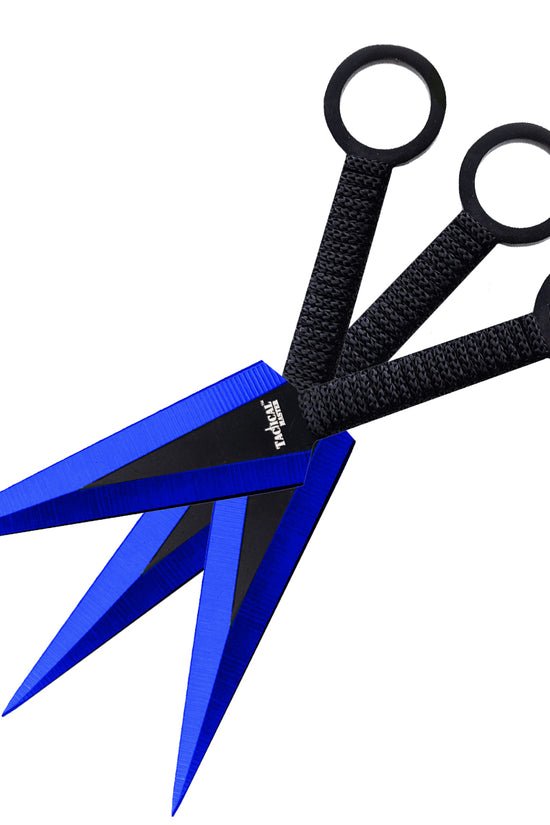 Tactical Master Blue Machete with 3 PCS 6 Throwing Knife Set featuring sharp blades and comfortable grips
