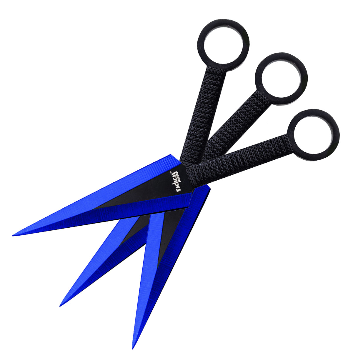 Tactical Master Blue Machete with 3 PCS 6 Throwing Knife Set featuring sharp blades and comfortable grips