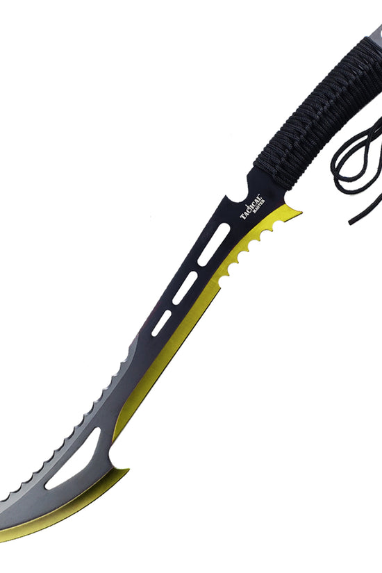 Tactical Master Gold Machete Throwing Knife with a curved blade and textured handle for easy grip