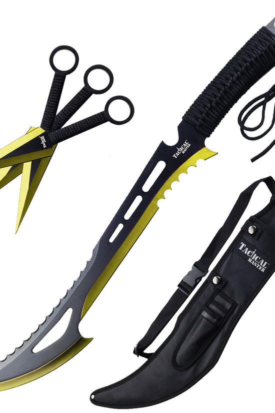 Tactical Master Gold Machete Throwing Knife set with three throwing knives and a protective sheath