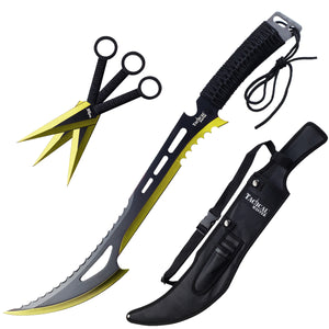 Tactical Master Gold Machete Throwing Knife set with three throwing knives and a protective sheath