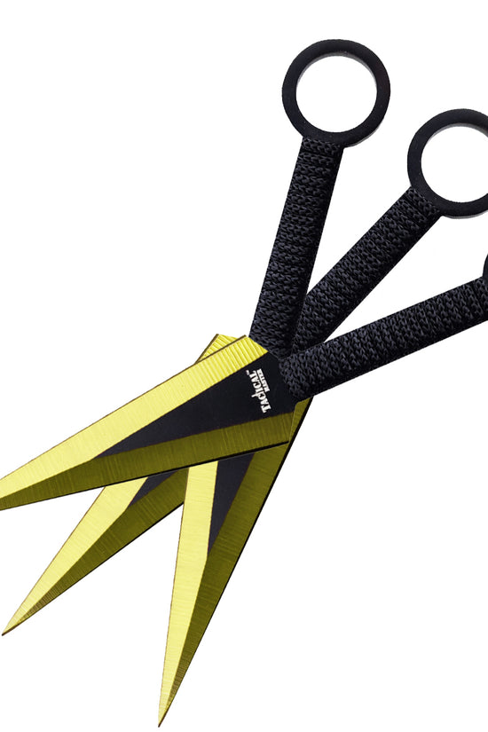 Tactical Master Gold Machete Throwing Knife set featuring three sharp, gold-tipped blades with textured handles