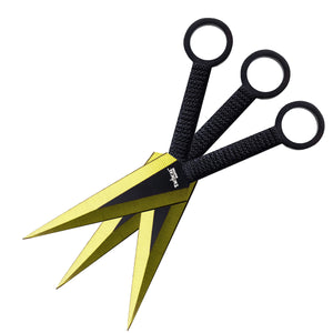Tactical Master Gold Machete Throwing Knife set featuring three sharp, gold-tipped blades with textured handles