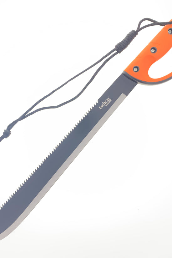 Tactical Master Orange Survival Machete with Firestarter & Sharping Stone featuring a durable blade and ergonomic handle