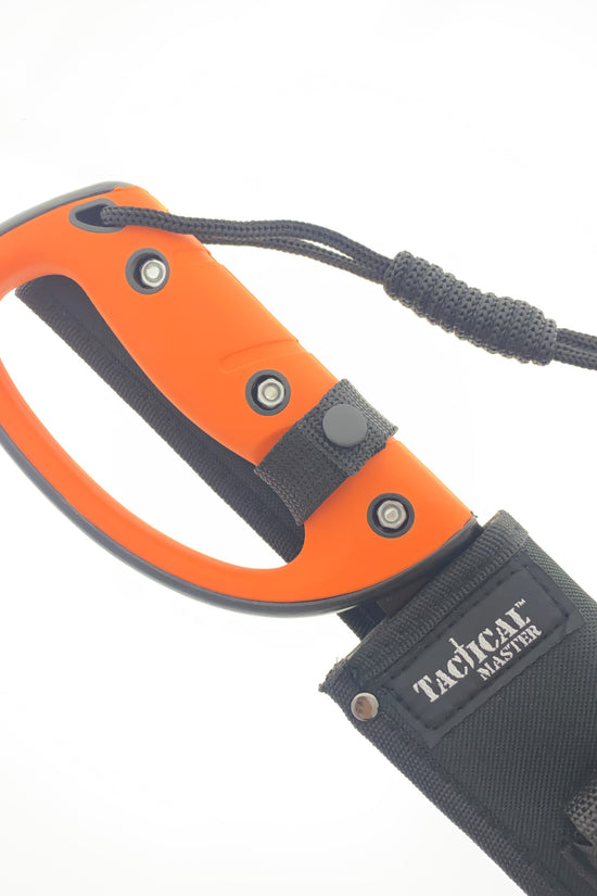Tactical Master Orange Survival Machete with Firestarter & Sharping Stone featuring a durable grip and sheath