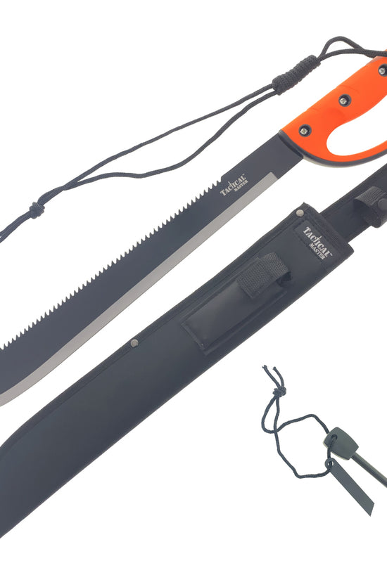 Tactical Master Orange Survival Machete with Firestarter & Sharping Stone, includes a durable sheath