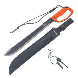 Tactical Master Orange Survival Machete with Firestarter & Sharping Stone, includes a durable sheath