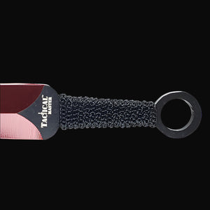 Tactical Master Red Machete With Throwing Knives featuring a textured handle and eyelet for easy grip