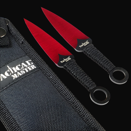 Tactical Master Red Machete With Throwing Knives and black protective sheath for storage