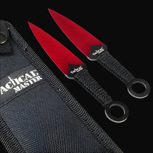 Tactical Master Red Machete With Throwing Knives and black protective sheath for storage