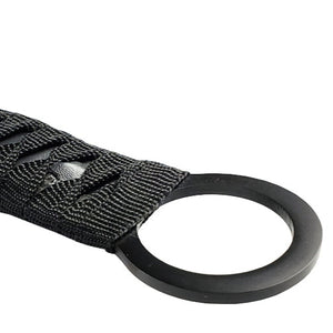 Close-up of the handle of the Tactical Master Red Machete With Throwing Knives featuring a textured grip