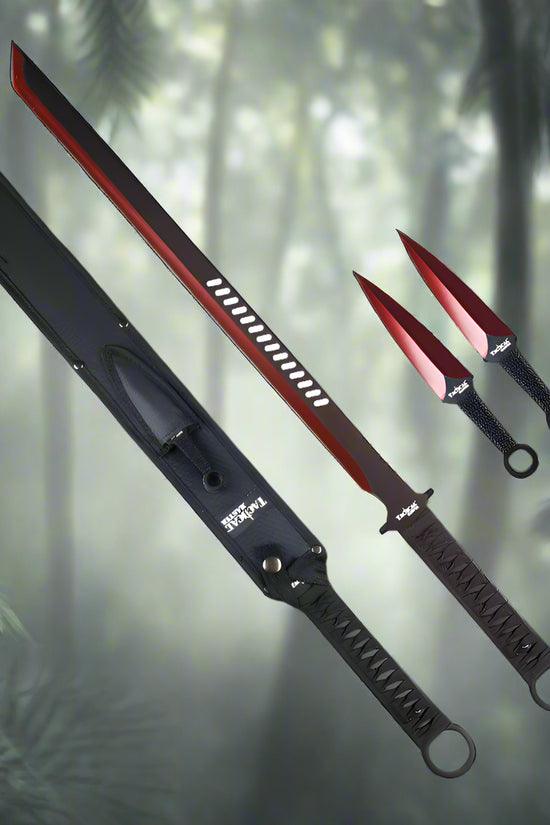Tactical Master Red Machete With Throwing Knives and sheath, ideal for outdoor adventures and survival tasks