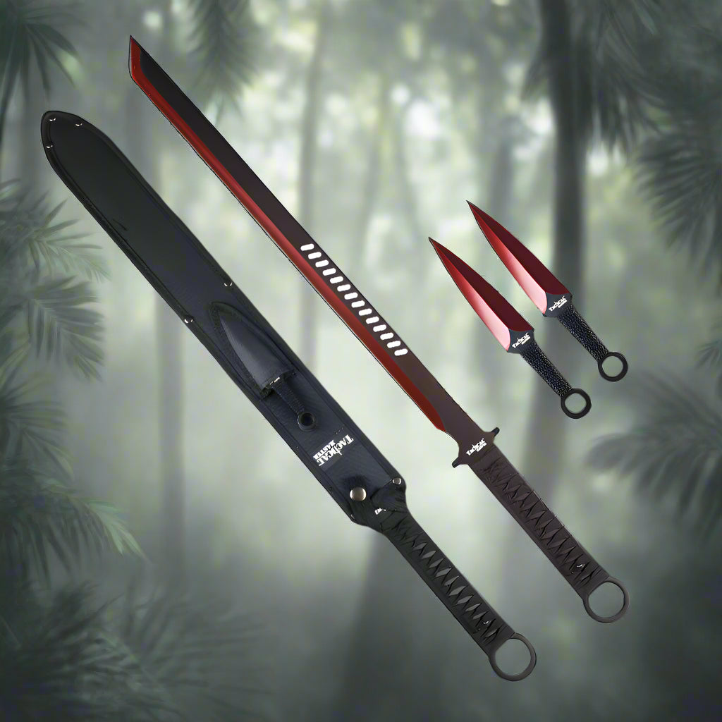 Tactical Master Red Machete With Throwing Knives and sheath, ideal for outdoor adventures and survival tasks