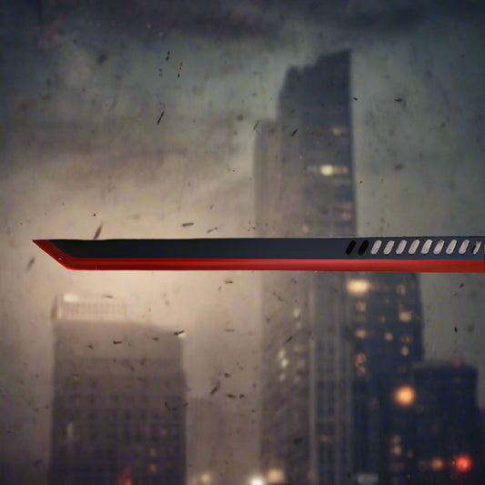 Tactical Master Red Machete With Throwing Knives featuring a sleek design against an urban backdrop