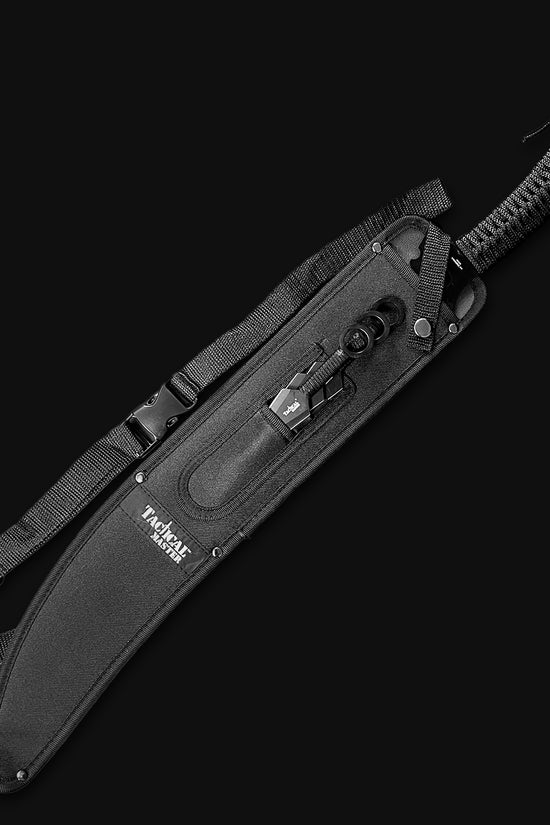 Tactical Master tactical machete with throwing knives in black sheath with strap and textured handle