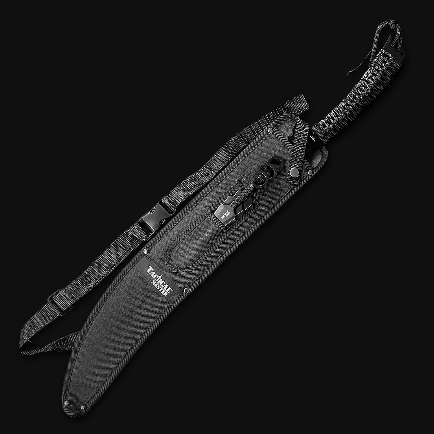 Tactical Master tactical machete with throwing knives in black sheath with strap and textured handle