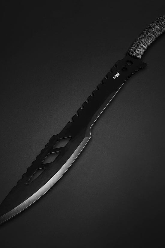 Tactical Master tactical machete with throwing knives featuring black serrated blade and wrapped handle