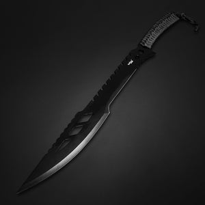 Tactical Master tactical machete with throwing knives featuring black serrated blade and wrapped handle