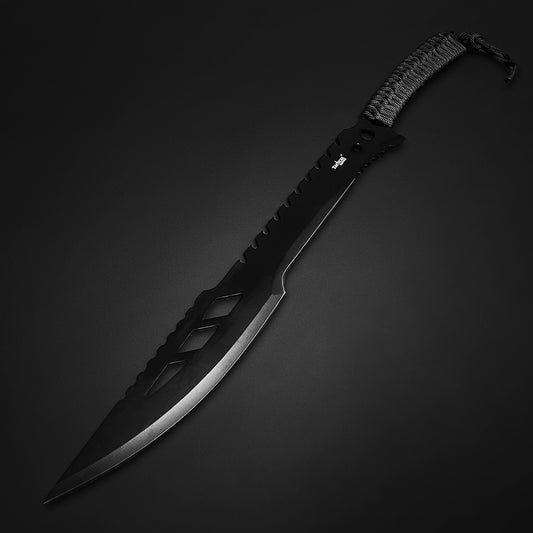 Tactical Master tactical machete with throwing knives featuring black serrated blade and wrapped handle