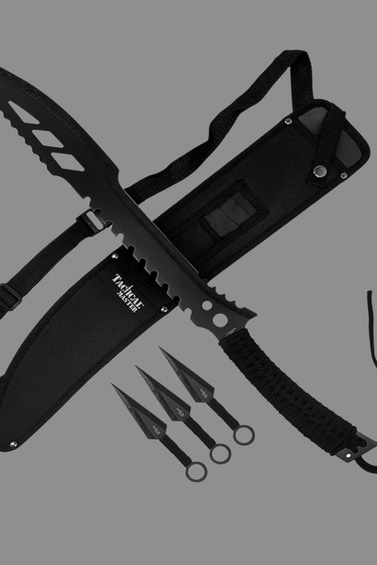 Tactical Master tactical machete with throwing knives including sheath and three black throwing knives