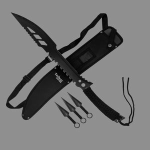 Tactical Master tactical machete with throwing knives including sheath and three black throwing knives