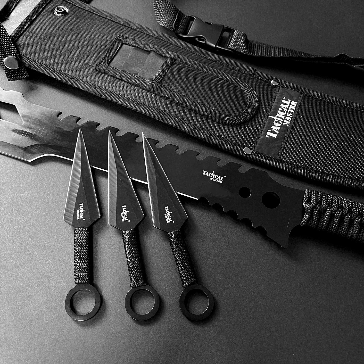 Tactical Master tactical machete with throwing knives and black nylon carrying sheath