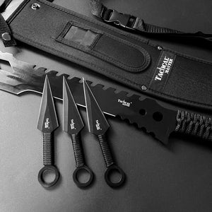 Tactical Master tactical machete with throwing knives and black nylon carrying sheath