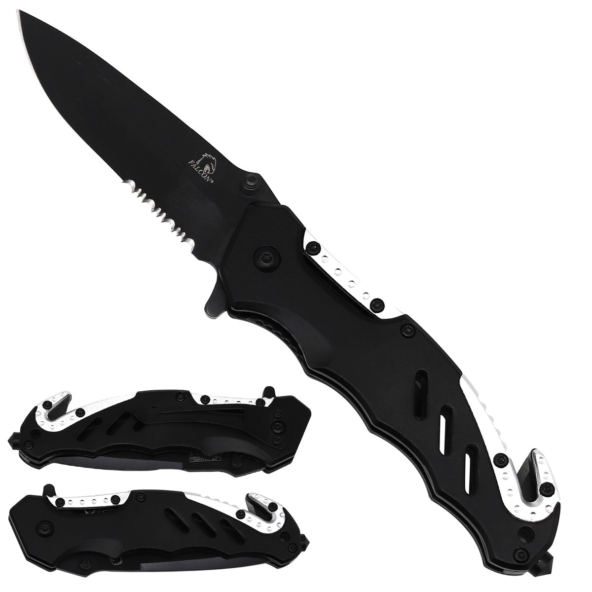Falcon black spring assisted pocket knife with partially serrated blade and safety hooks