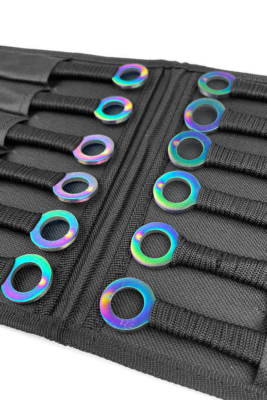 Guild Arms Target Master 12 PCS Ninja Kunai Black & Rainbow Set displayed in a holding case