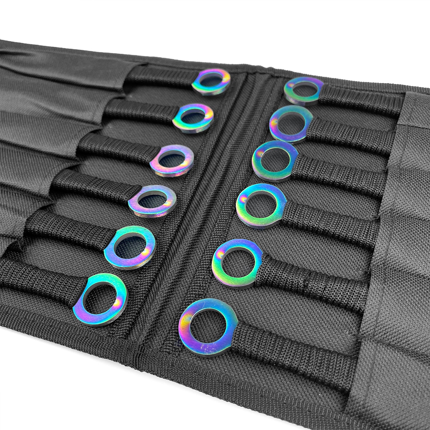 Guild Arms Target Master 12 PCS Ninja Kunai Black & Rainbow Set displayed in a holding case