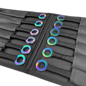 Guild Arms Target Master 12 PCS Ninja Kunai Black & Rainbow Set displayed in a holding case